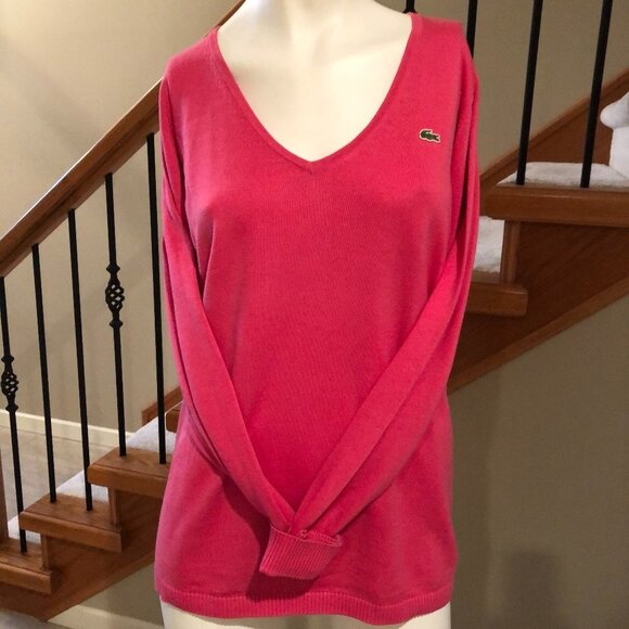 Lacoste Casual V Neck 100% Cotton Long Sleeve Sweater Hot Pink Size 40 - Picture 2 of 6
